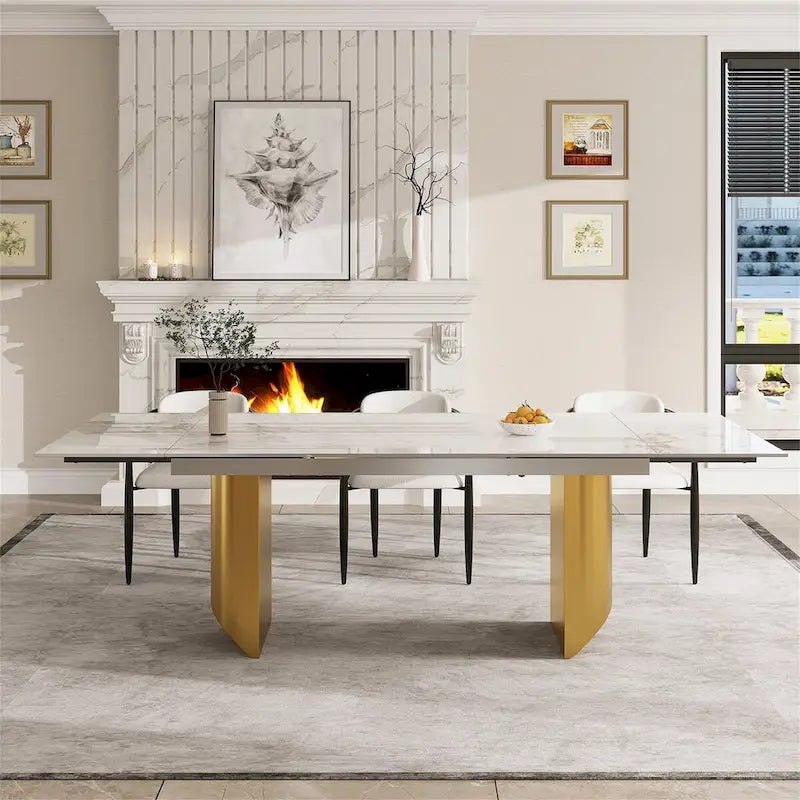 94.48 Inch Modern Minimalist 9 - Piece Extendable Sintered Stone Top Double Pedestal Dining Set