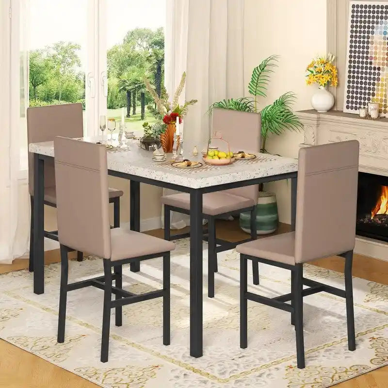 Grondin Mid-Century Modern Faux Marble Top 5-Piece Dining Table Set with 4 Faux Leather Matching Dining Chairs for Kitchen