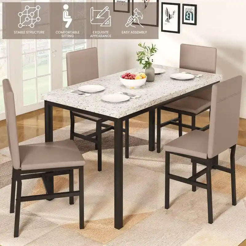 Grondin Mid-Century Modern Faux Marble Top 5-Piece Dining Table Set with 4 Faux Leather Matching Dining Chairs for Kitchen