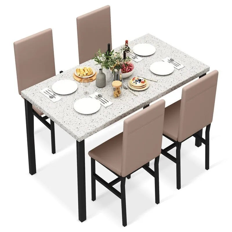 Grondin Mid-Century Modern Faux Marble Top 5-Piece Dining Table Set with 4 Faux Leather Matching Dining Chairs for Kitchen