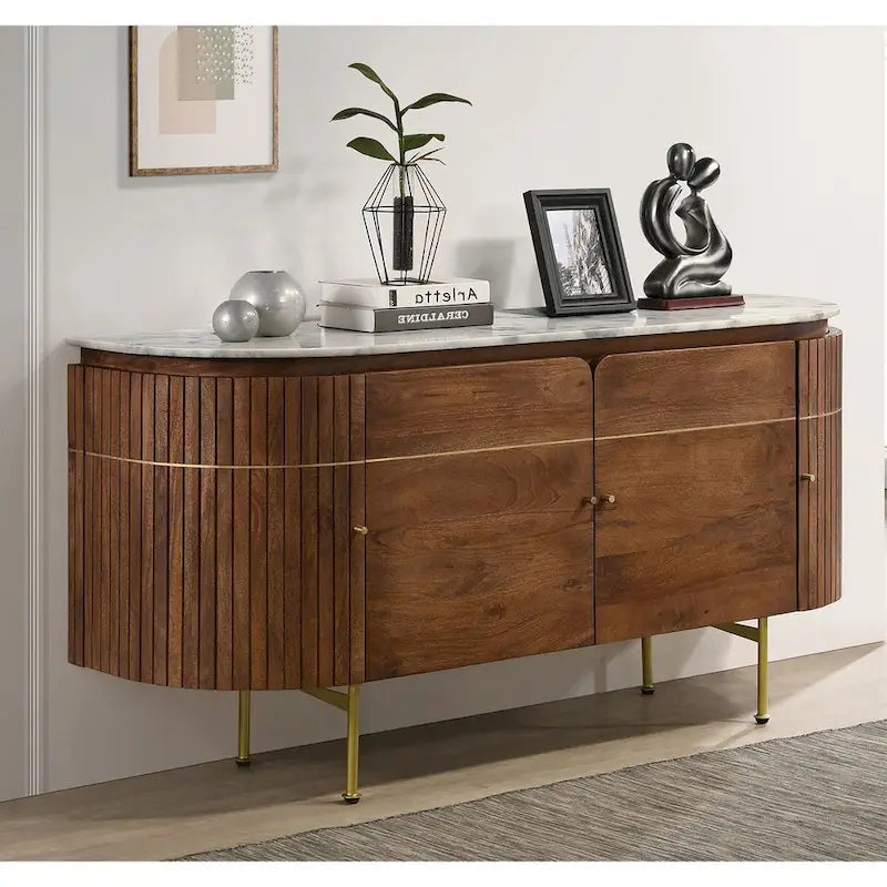 4 Doors Marble Top Dining Server in White and Natural