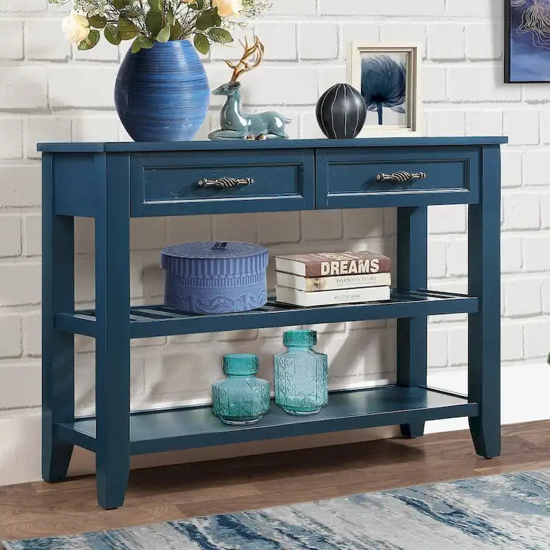 Console Sofa Table with 2 Storage Drawers and 2 Tiers Shelves, Mid-Century Style 42 Solid Wood Buffet Sideboard