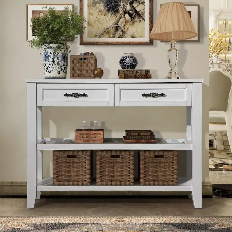 Console Sofa Table with 2 Storage Drawers and 2 Tiers Shelves, Mid-Century Style 42 Solid Wood Buffet Sideboard