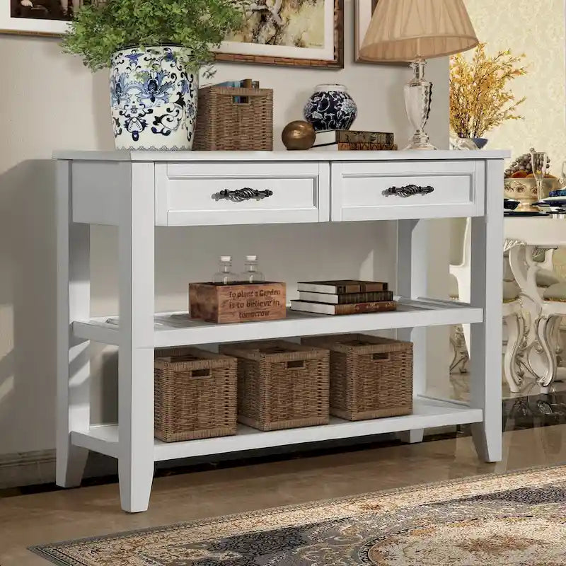 Console Sofa Table with 2 Storage Drawers and 2 Tiers Shelves, Mid-Century Style 42 Solid Wood Buffet Sideboard