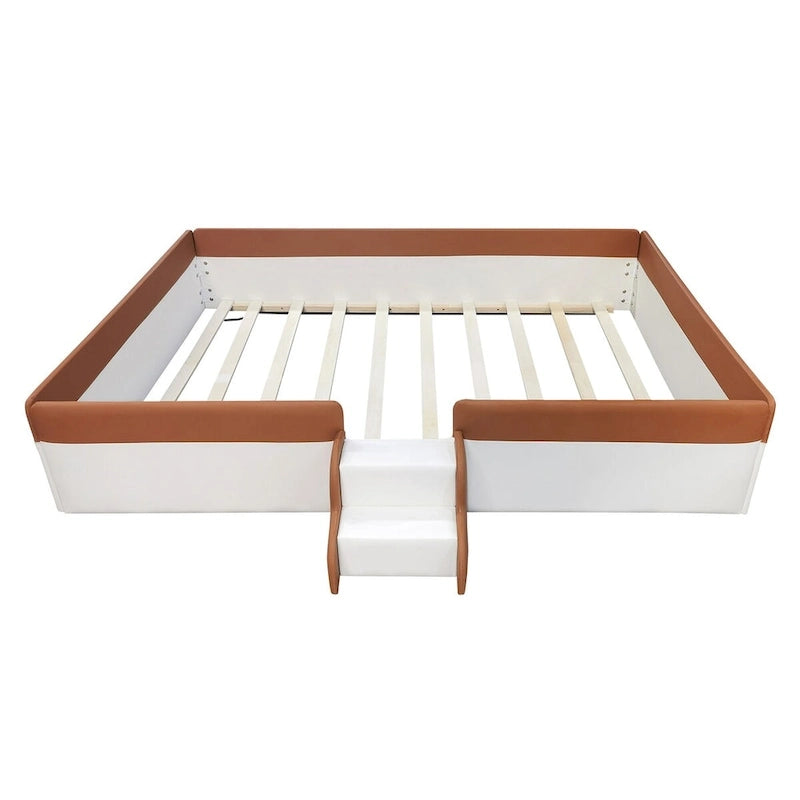 King Size Upholstered Daybed Frame with Fence and Stairs