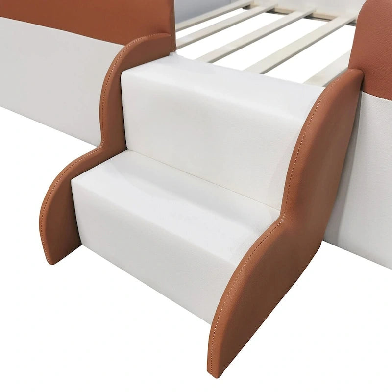 King Size Upholstered Daybed Frame with Fence and Stairs