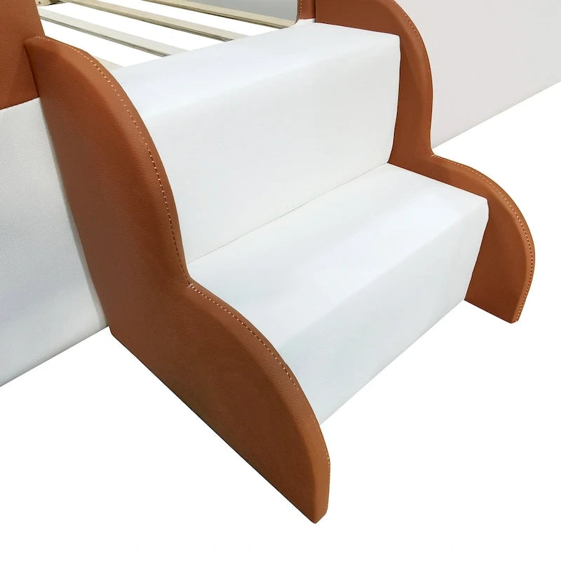 King Size Upholstered Daybed Frame with Fence and Stairs