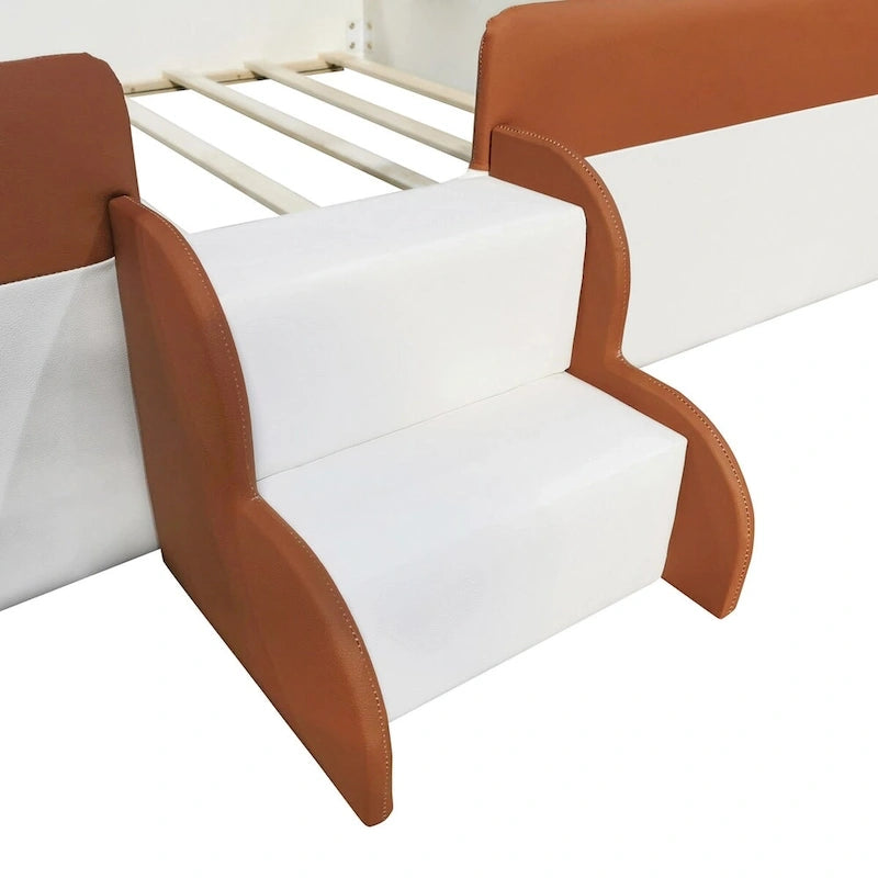 King Size Upholstered Daybed Frame with Fence and Stairs