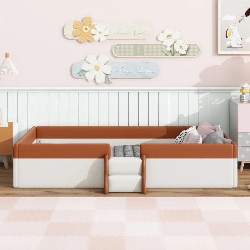 King Size Upholstered Daybed Frame with Fence and Stairs