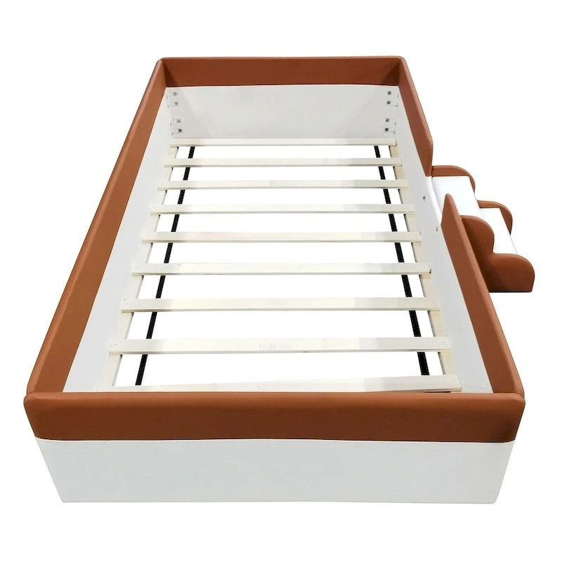 King Size Upholstered Daybed Frame with Fence and Stairs