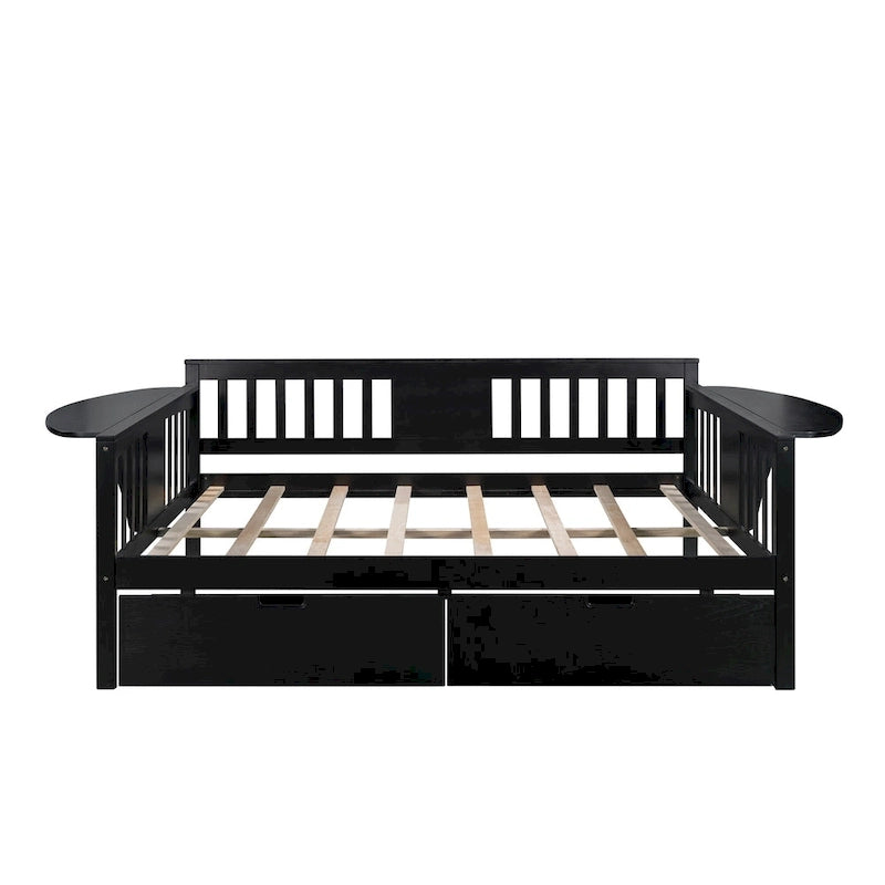 Full-size Daybed Sofa Bed with Two Drawers, Handrails, and Wood Slat Support