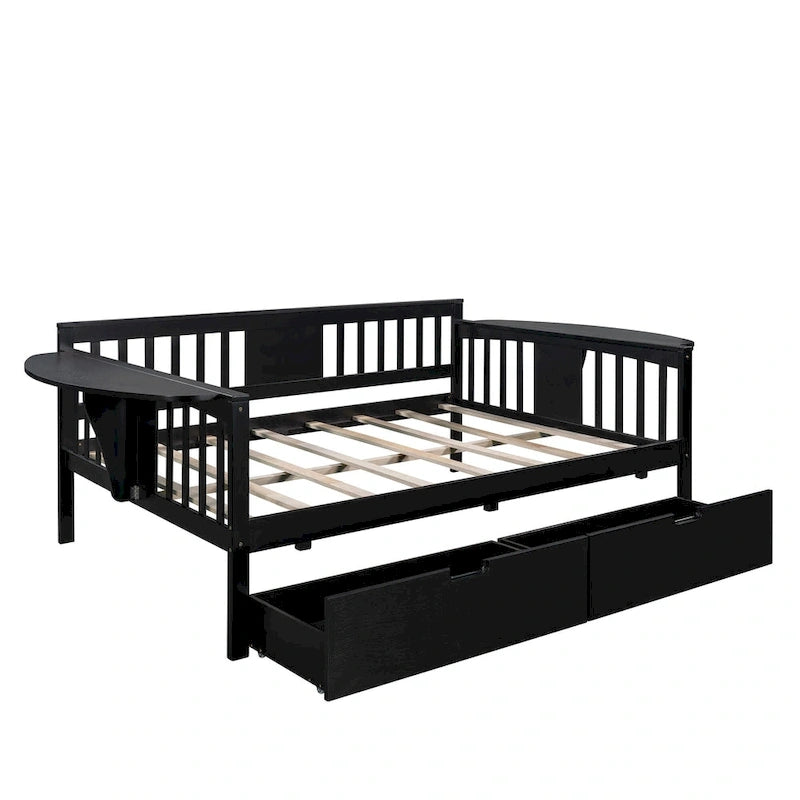 Full-size Daybed Sofa Bed with Two Drawers, Handrails, and Wood Slat Support