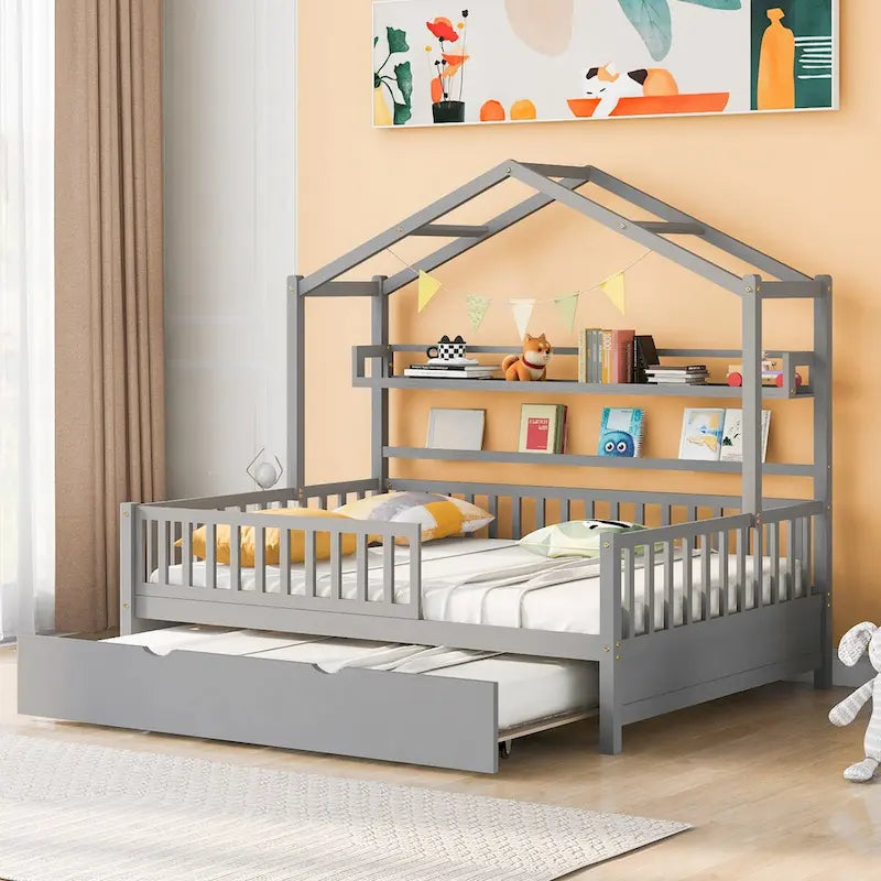 Wooden Full Size House Bed with Trundle - Multiple Storage Racks, Safety Barriers