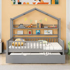 Wooden Full Size House Bed with Trundle - Multiple Storage Racks, Safety Barriers