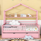 Wooden Full Size House Bed with Trundle - Multiple Storage Racks, Safety Barriers