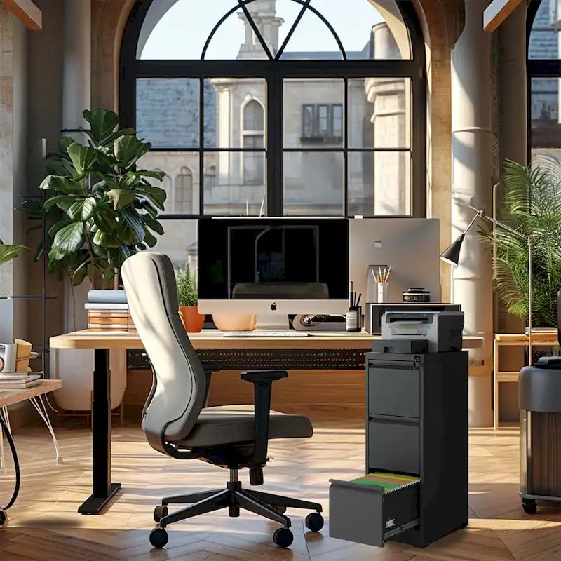 3-Drawers 14.96 W Metal Vertical File Cabinet with Lock Office Home Vertical File Cabinet for A4 Legal/Letter Size