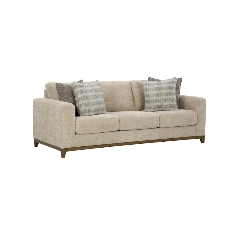 93-inch sofa, includes 4 decorative throw pillows, faux wood legs, and beige polyester fabric.