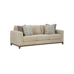 93-inch sofa, includes 4 decorative throw pillows, faux wood legs, and beige polyester fabric.