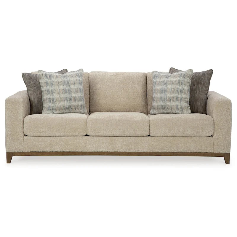 93-inch sofa, includes 4 decorative throw pillows, faux wood legs, and beige polyester fabric.