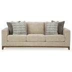 93-inch sofa, includes 4 decorative throw pillows, faux wood legs, and beige polyester fabric.