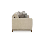 93-inch sofa, includes 4 decorative throw pillows, faux wood legs, and beige polyester fabric.