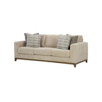 93-inch sofa, includes 4 decorative throw pillows, faux wood legs, and beige polyester fabric.