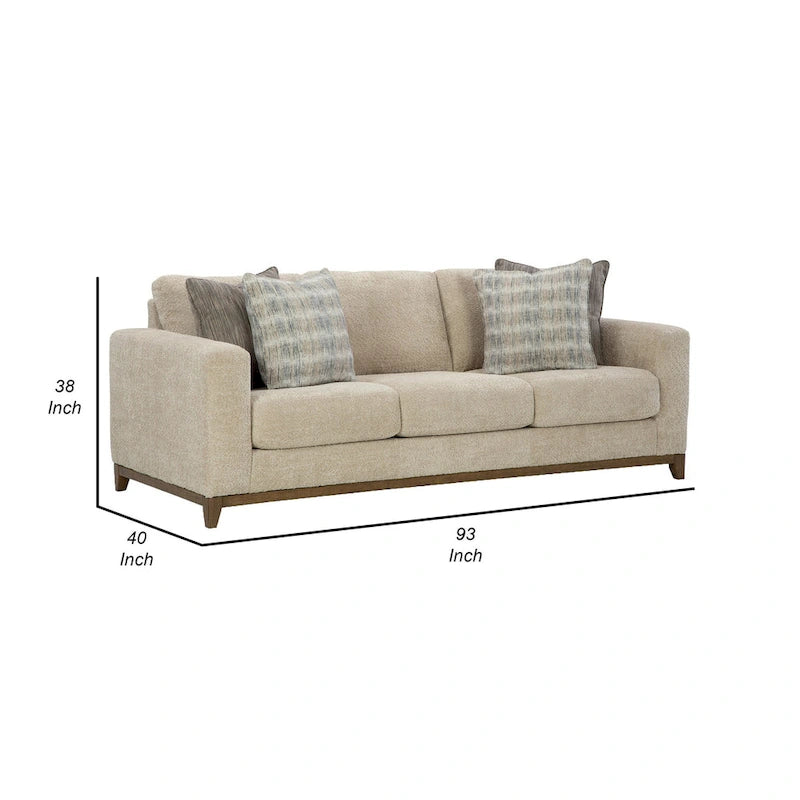 93-inch sofa, includes 4 decorative throw pillows, faux wood legs, and beige polyester fabric.