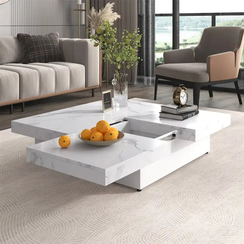 Square Marble Veneer Coffee Table Sliding Top with Storage by Harper&Bright Designs