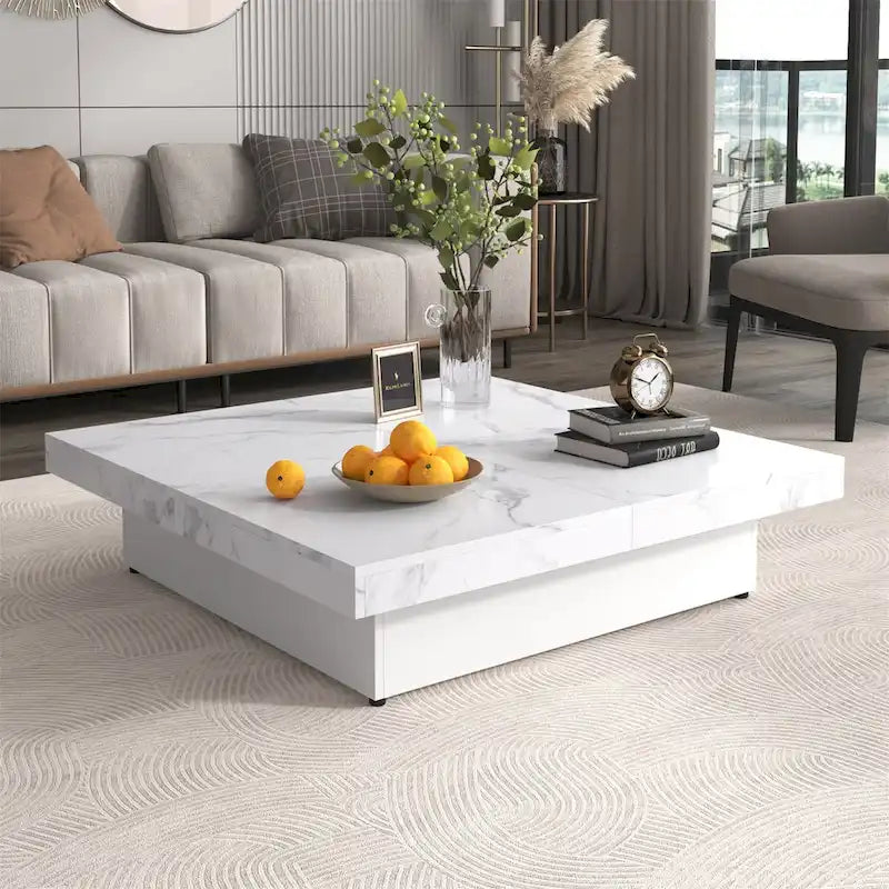 Square Marble Veneer Coffee Table Sliding Top with Storage by Harper&Bright Designs