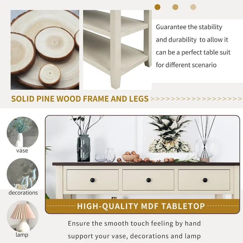 Retro Design Console Table with Two Open Shelves, Pine Solid Wood Frame and Legs for Living Room