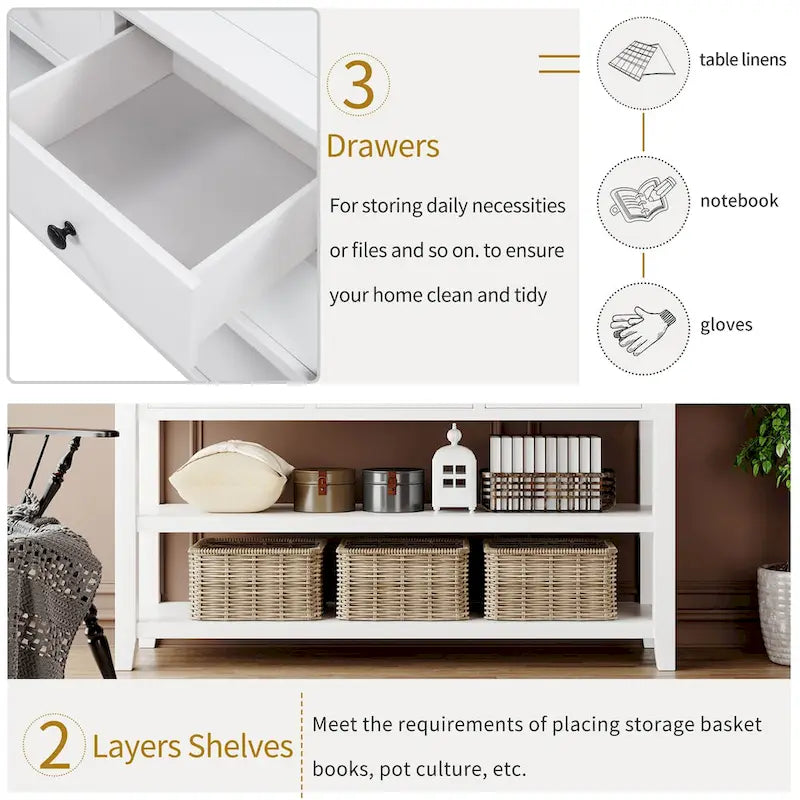 Retro Design Console Table with Two Open Shelves, Pine Solid Wood Frame and Legs for Living Room
