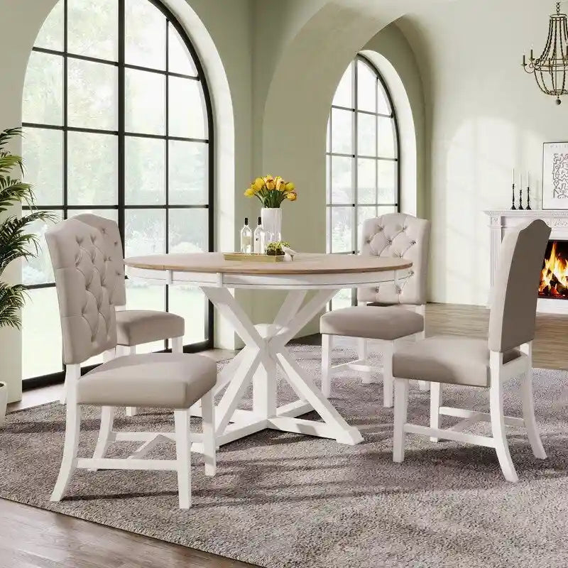 Functional Furniture Retro Style Dining Table Set with Extendable Table and 4 Upholstered Chairs for Dining Room and Living Room