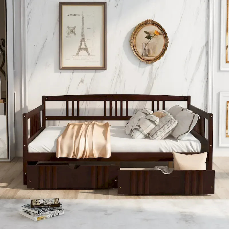 Full Size Wood Daybed, Sofa Bed, Equipped with Wooden Handrails and Two Drawers