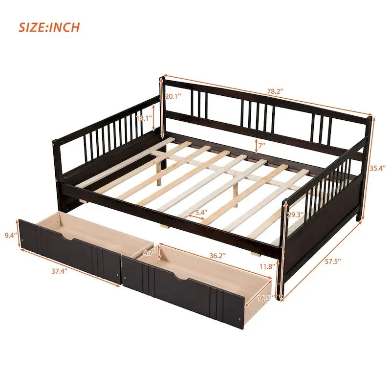 Full Size Wood Daybed, Sofa Bed, Equipped with Wooden Handrails and Two Drawers