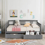 Full Size Wood Daybed, Sofa Bed, Equipped with Wooden Handrails and Two Drawers