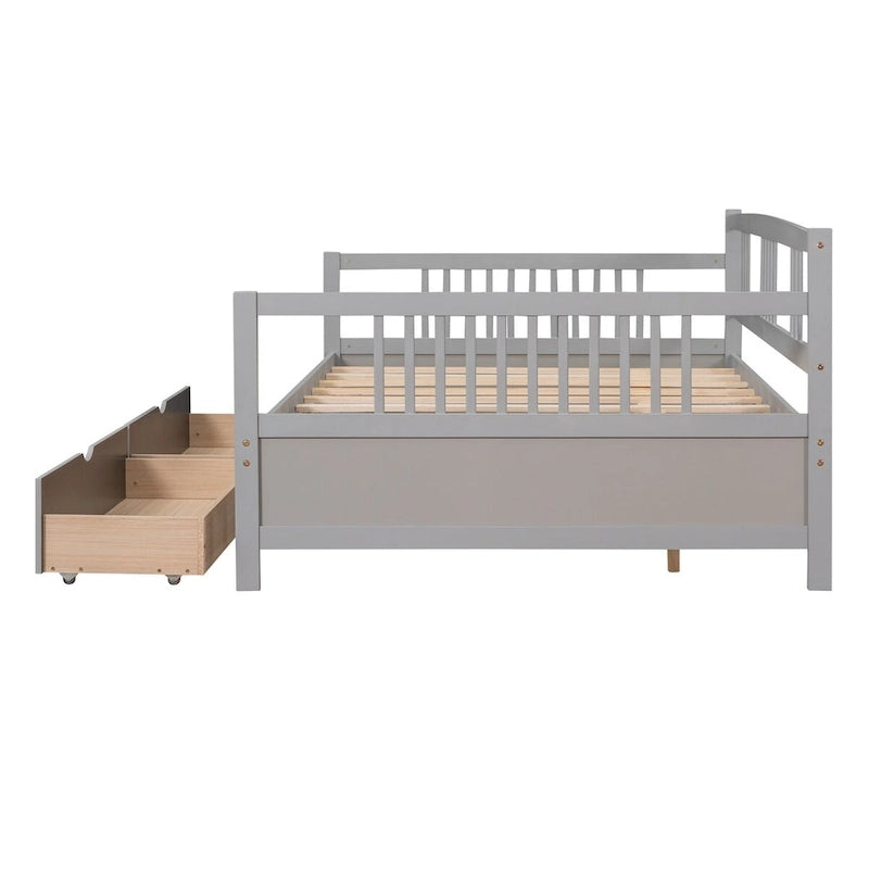 Full Size Wood Daybed, Sofa Bed, Equipped with Wooden Handrails and Two Drawers