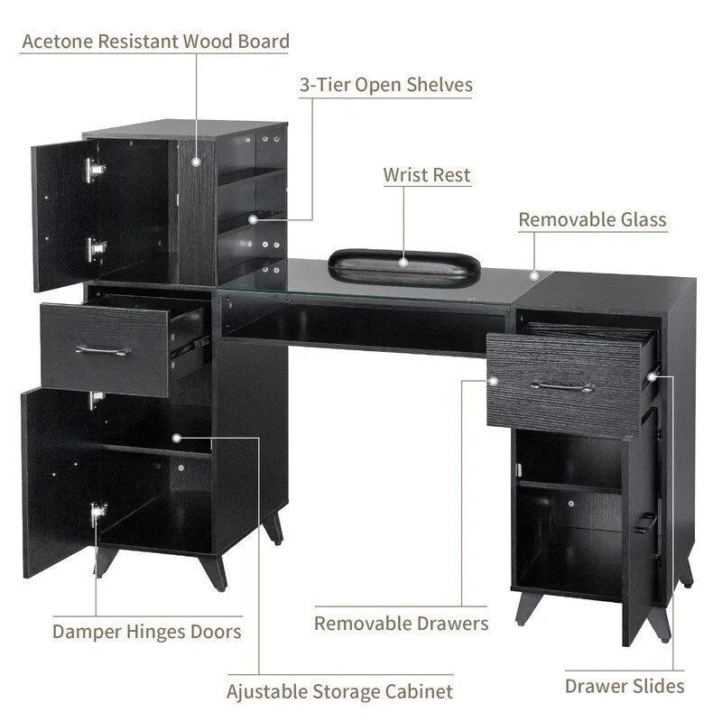 Embossed Particle Board Tempered Glass 55 W Manicure Table
