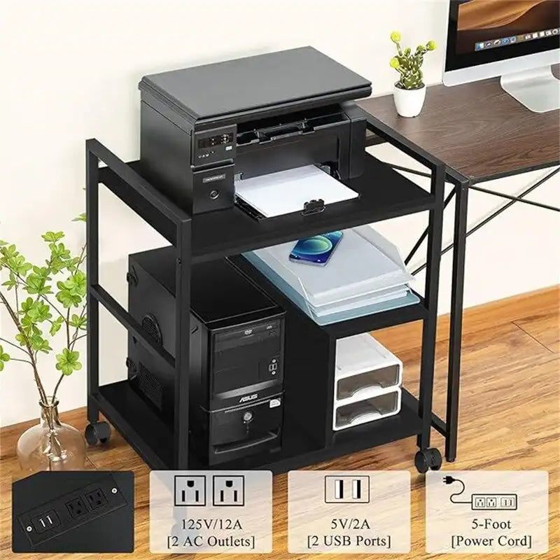 Printer Stand with Charging Station and USB Ports Large 3-Tier - 24D x 18.62W x 30.86H