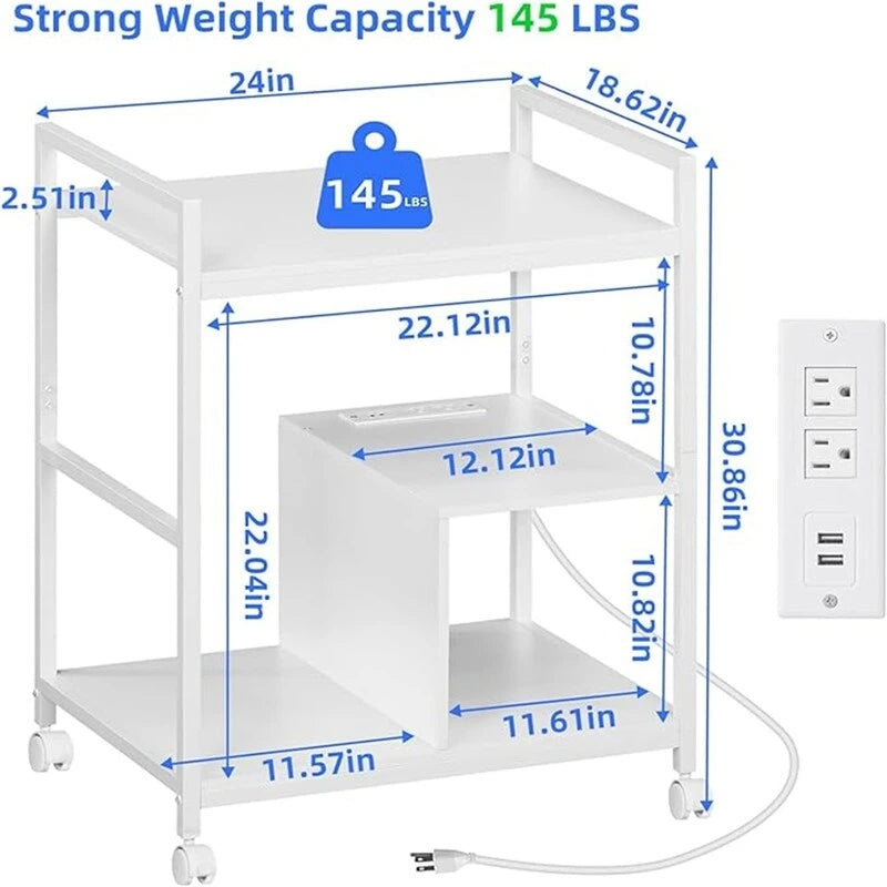 Printer Stand with Charging Station and USB Ports Large 3-Tier - 24D x 18.62W x 30.86H