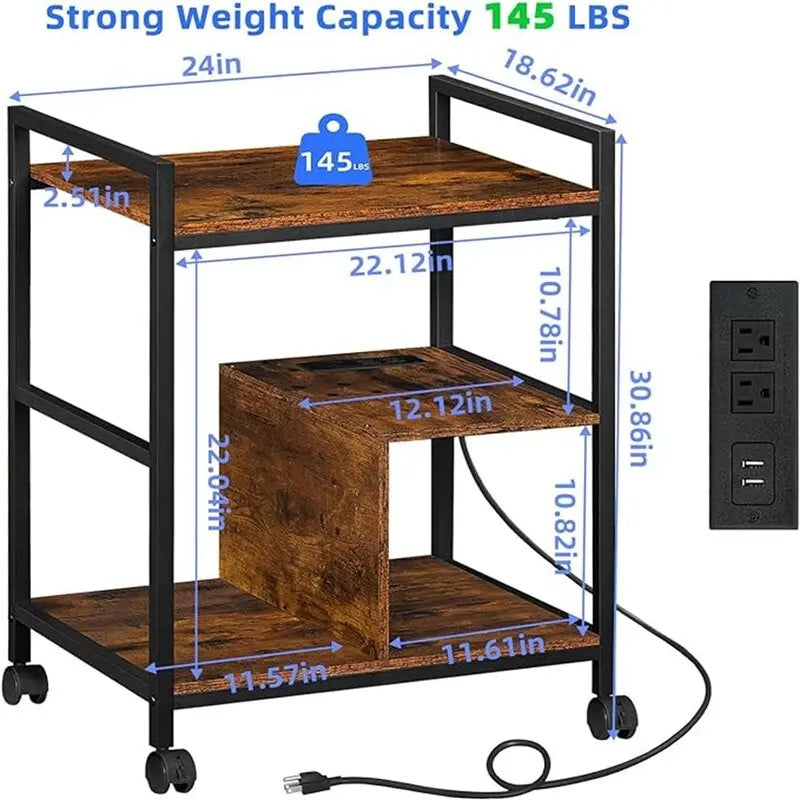 Printer Stand with Charging Station and USB Ports Large 3-Tier - 24D x 18.62W x 30.86H