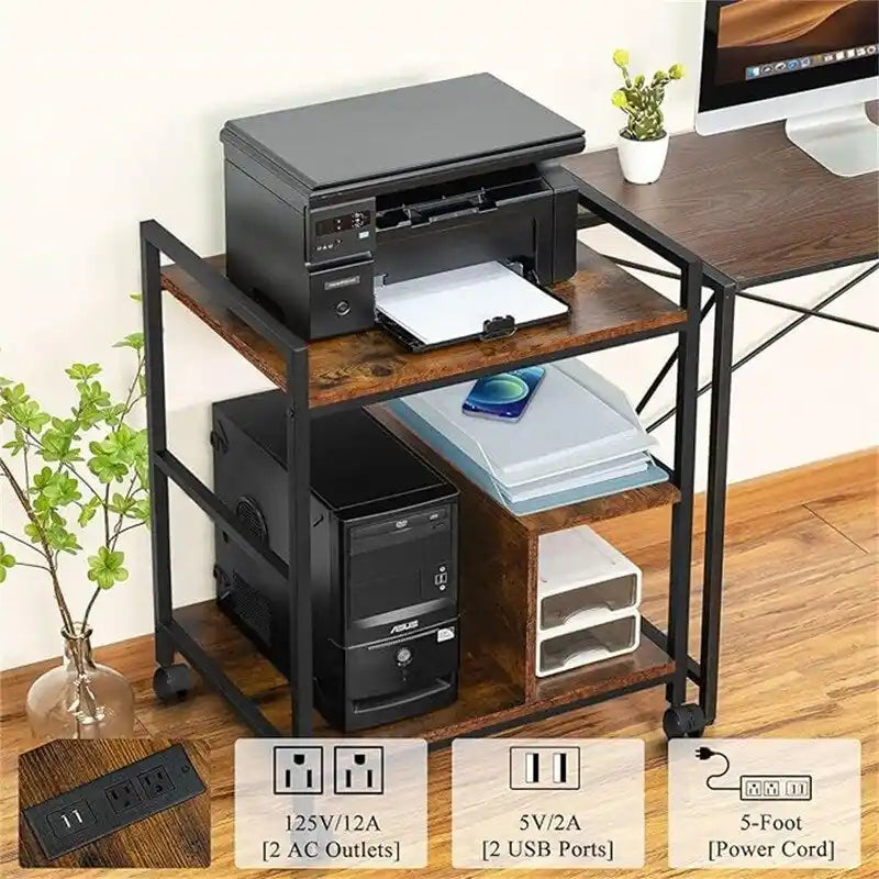 Printer Stand with Charging Station and USB Ports Large 3-Tier - 24D x 18.62W x 30.86H