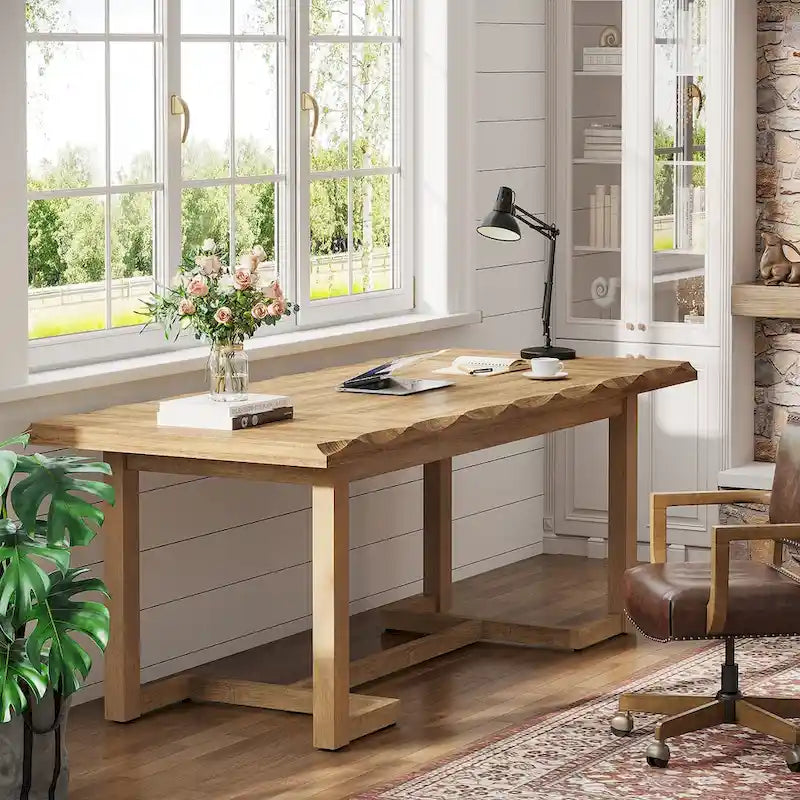 63 Inches Computer Desk, Rectangular Writing Table with Solid Wood Legs and Thickened Desktop