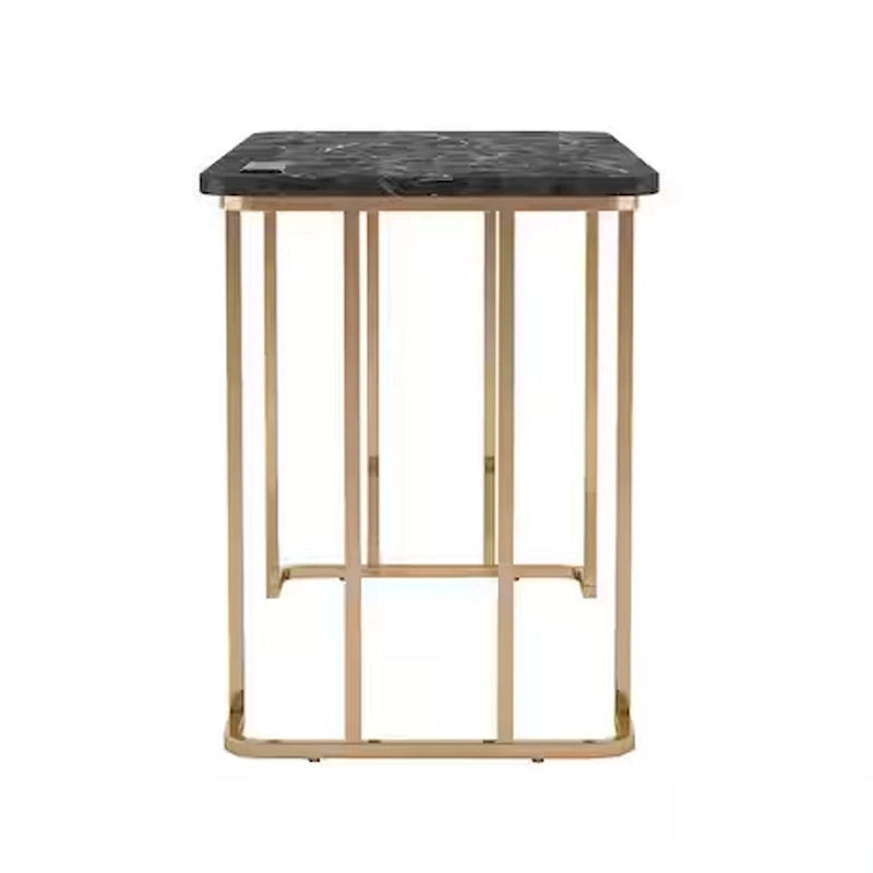 Jenny 47 Inch Desk, USB Power Outlet, Gold Metal Legs, Black Faux Marble