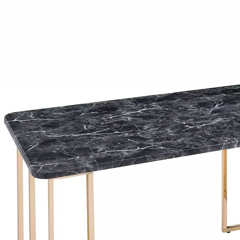 Jenny 47 Inch Desk, USB Power Outlet, Gold Metal Legs, Black Faux Marble