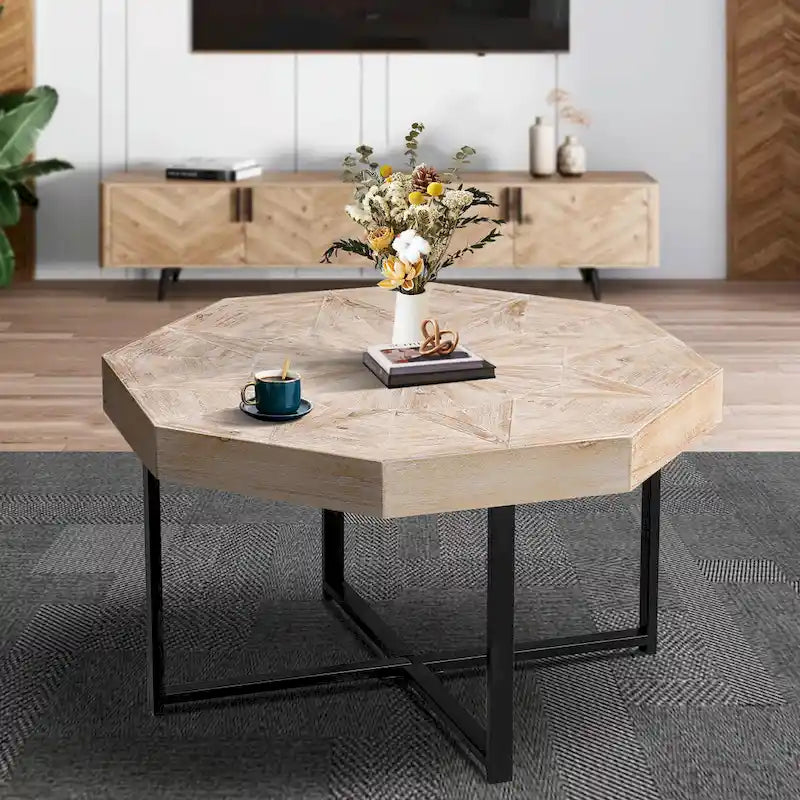 30-Inch Wood Octagonal Vintage Patchwork Coffee Table