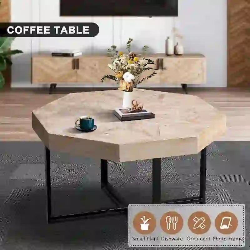 30-Inch Wood Octagonal Vintage Patchwork Coffee Table