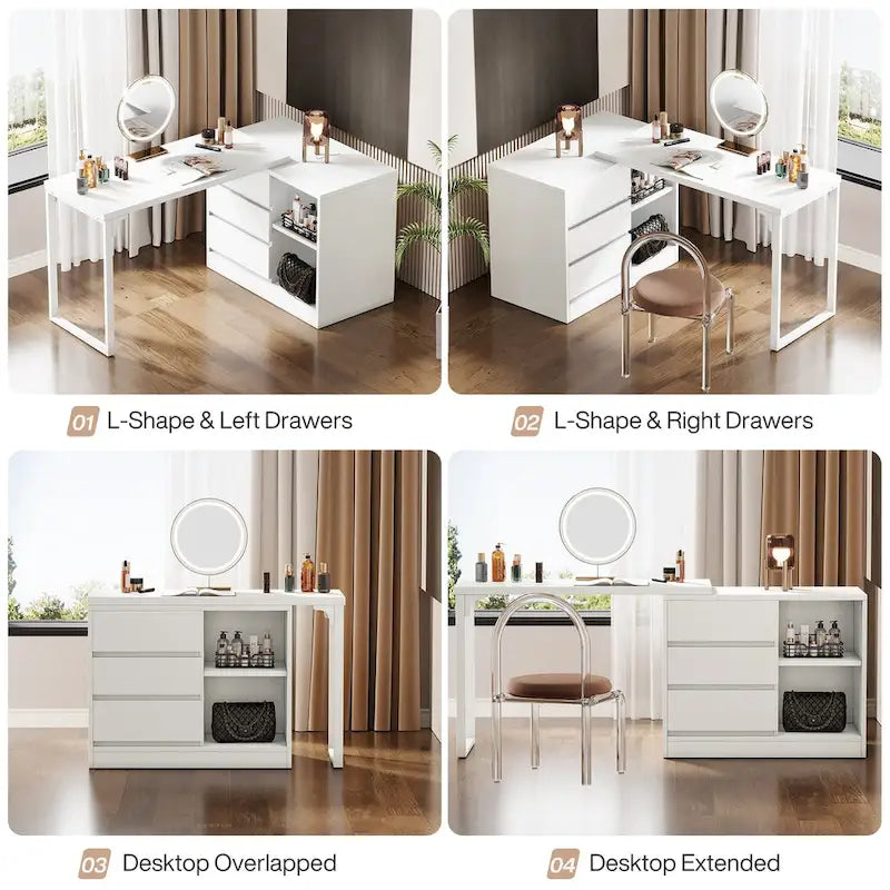 Stylish L-Shaped Vanity Desk, White Makeup Table