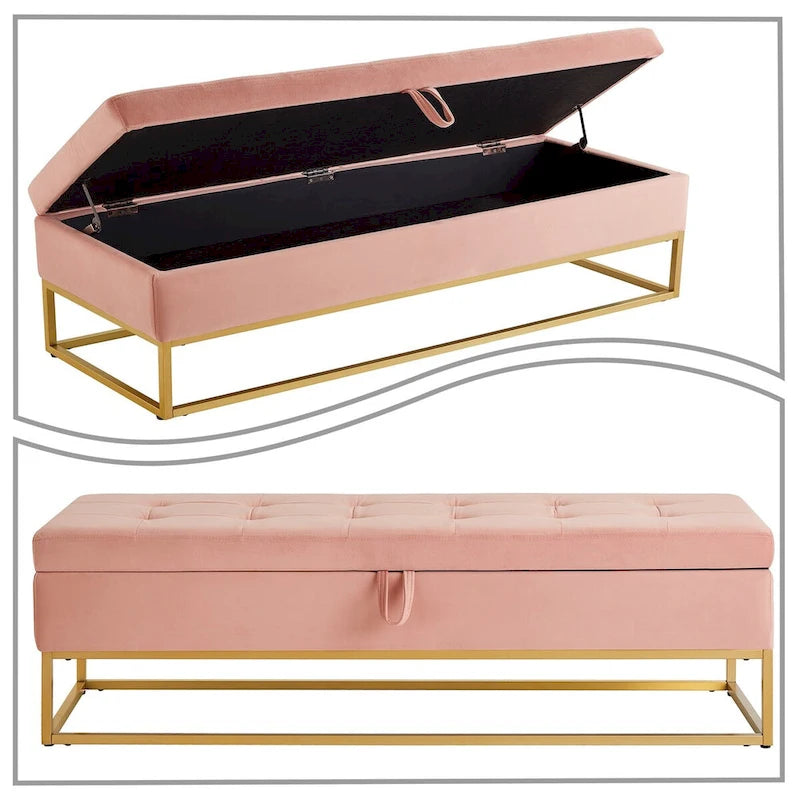 Modern Velvet Upholstered Storage Bench with Flip-Up Seat Top
