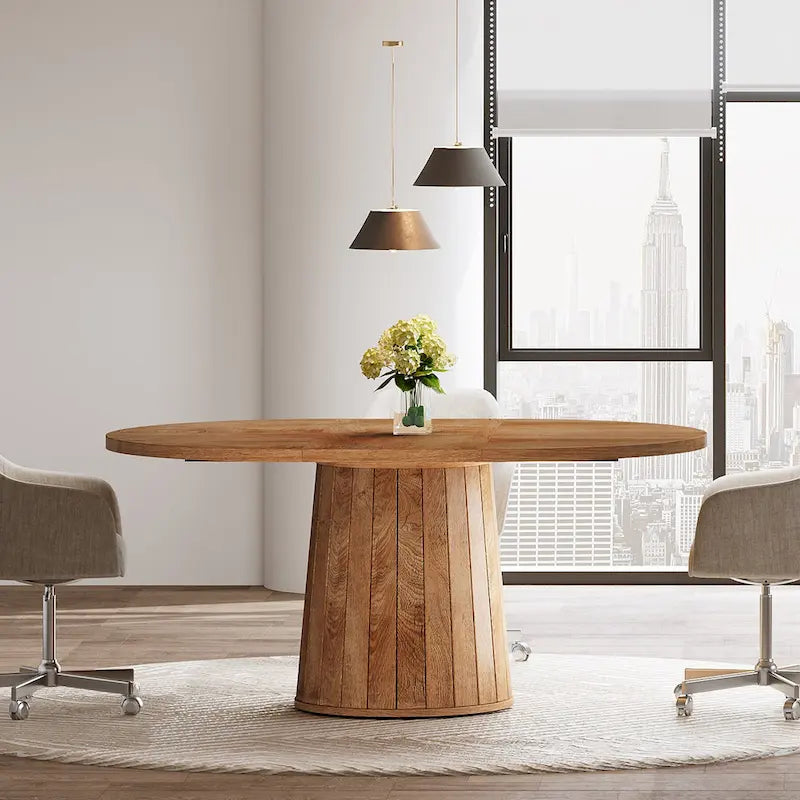 55.11 Inch Brown Wood Oval Conference Table with Wood Base for 6 People - N/A