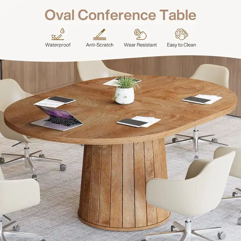 55.11 Inch Brown Wood Oval Conference Table with Wood Base for 6 People - N/A